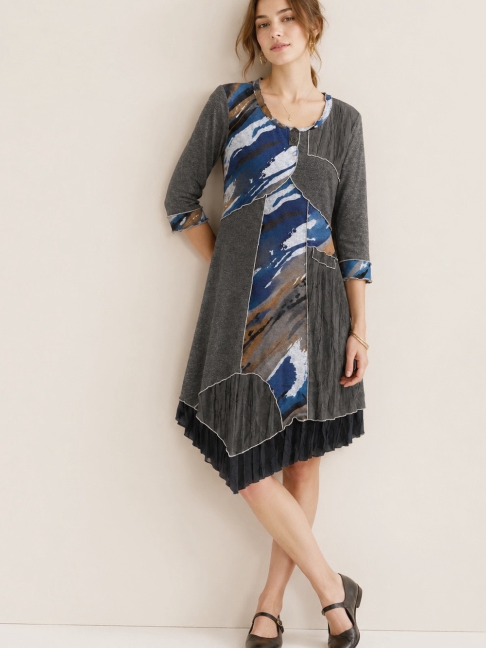 VTG 90s Y2K Frank Lyman Patchwork Asymmetrical Flare Dress US8 Boho Lagenlook